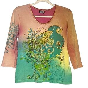 Bamboo Co Y2K Ombré Embellished beaded Hippie Boho Artsy Baby Tee Long Sleeve S